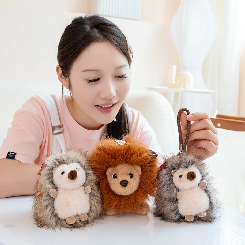 Cute Hedgehog Lion Plush Keychain Fluffy Animal Doll Key Ring Handbag Pendant Soft Stuffed Toy Car Bag Charm Gift