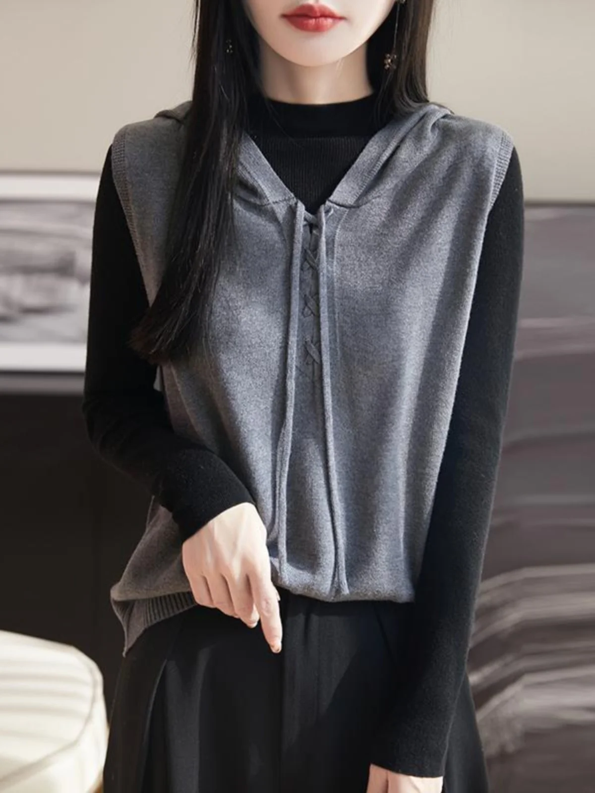 

Женский вязаный жилет из шерсти, весенне-осенний, с капюшоном, свободного кроя, для повседневной носки, цельный комплект