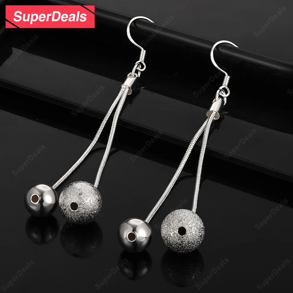 

SuperDeals 925 Sterling Silver Smooth Frosted Beads Drop Earring Women Party Birthday Christmas Gift Fashion Fine Jewelry