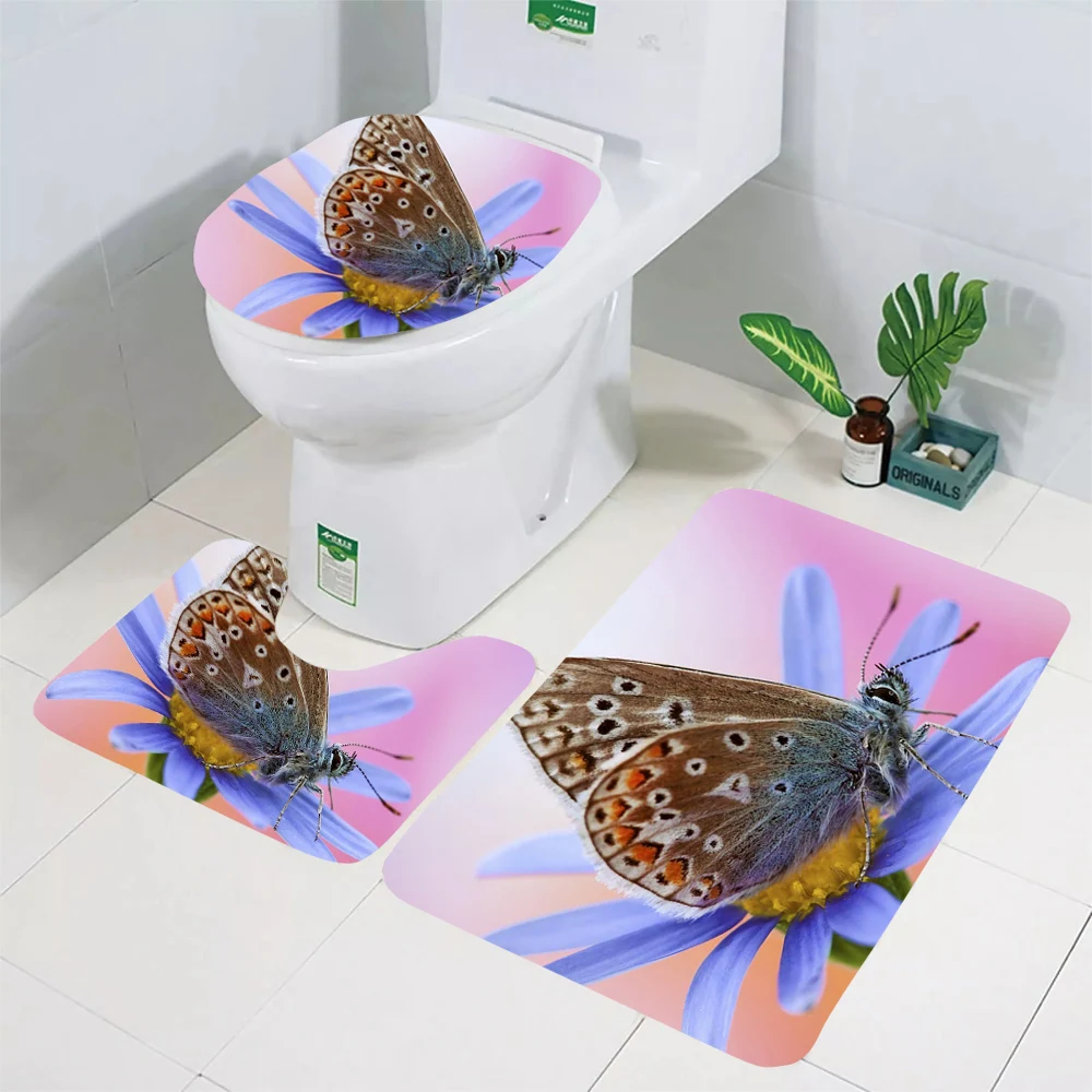 CLOOCL Toilet Mat Set Fashion Daisy Butterfly 3D Printed Floor Rugs Bath Rug Bathroom Shower Carpet Toilet Cushion Home Decor