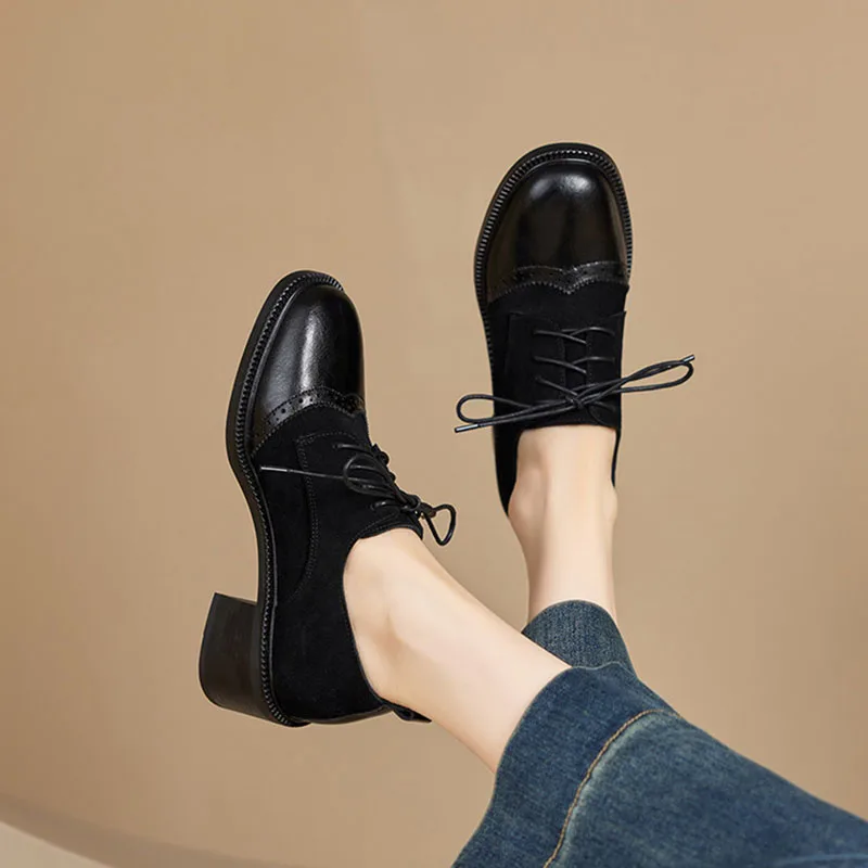 البقرة المدبوغ أحذية نسائية الفم العميق الدانتيل متابعة المرقعة سيدة مضخات جولة تو حجم كبير الكعب المتوسط Phoentin FT4264 #5