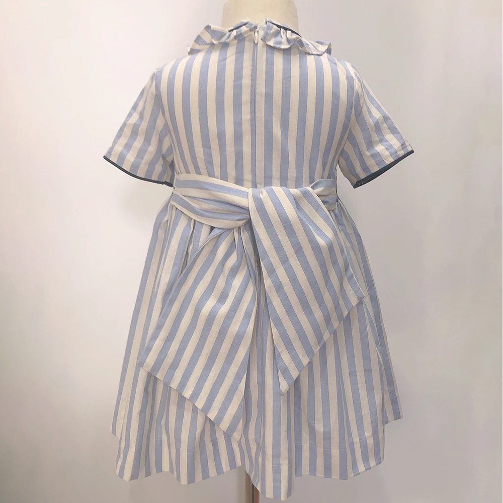 Robe d\'été en coton à manches courtes pour filles, jupe princesse bleu marine, col en cuir chevelu, vêtements de vacances décontractés pour enfants