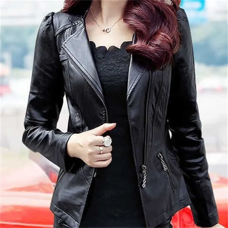 2024 Ladies Leather Autumn New Pu Short Small Leather Korean Slim Fashion Zipper Slim Motorcycle Leather Jacket Coat Plus Size