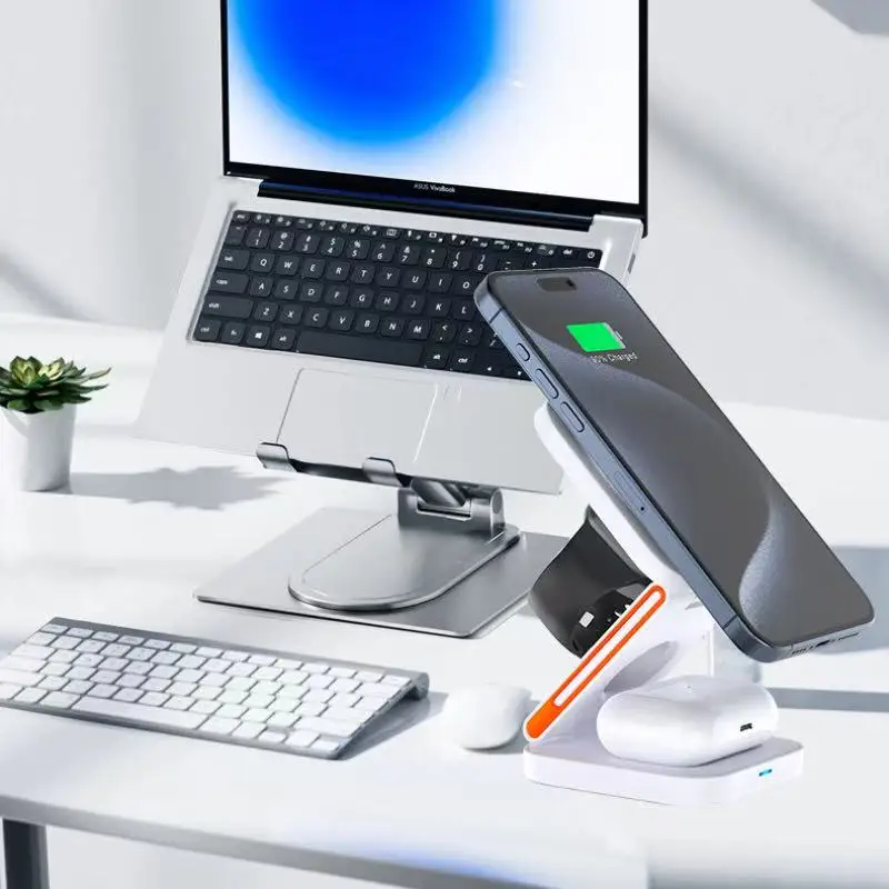 

Threein one foldable charging stand with fast magnetic 30W wireless charger for iPhone 15 14 13 12 Apple Watch 8 7 6 AirPods Pro