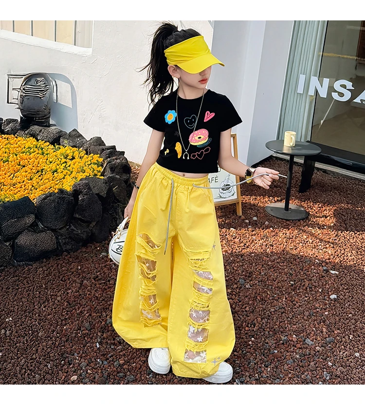 Teenager-Mädchen Mode Street-Style Y2K Kleidungsset Outfits für Mädchen Sommer T-Shirt + zerrissene Hosen Streetwear Coole Kinderkleidung Anzug – Detail 5