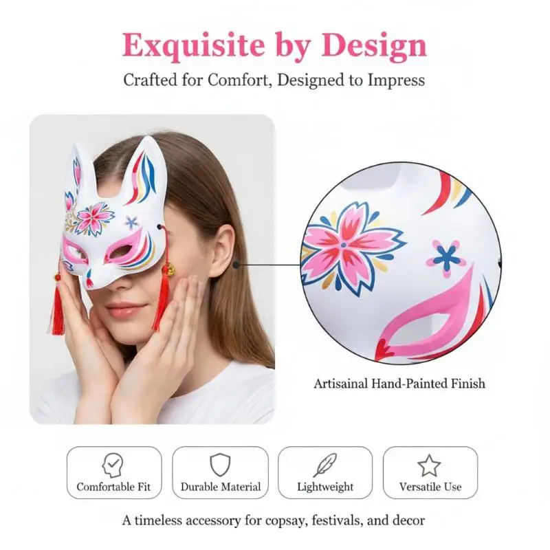 Cherry Blossom Fox Half Face Mask 1Pcs Soft Breathable Anime Cosplay Prop for Halloween Masquerade Party Costume Anime Fox Cat