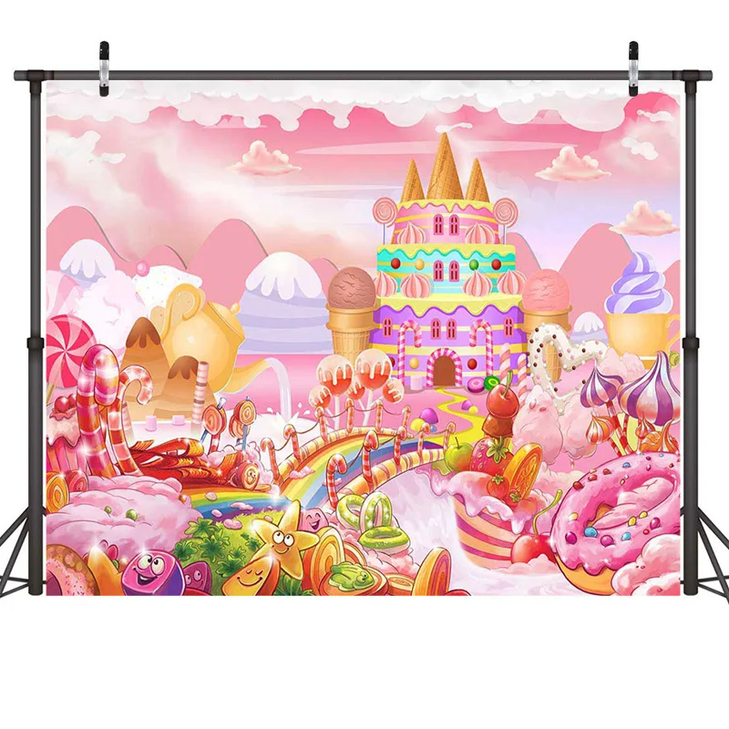 MOCSICKA Pink Candyland Backdrop Kid Sweet Lollipop Cupcake Icecream Donut Candy Castle Rainbow Birthday Party Decoration Banner