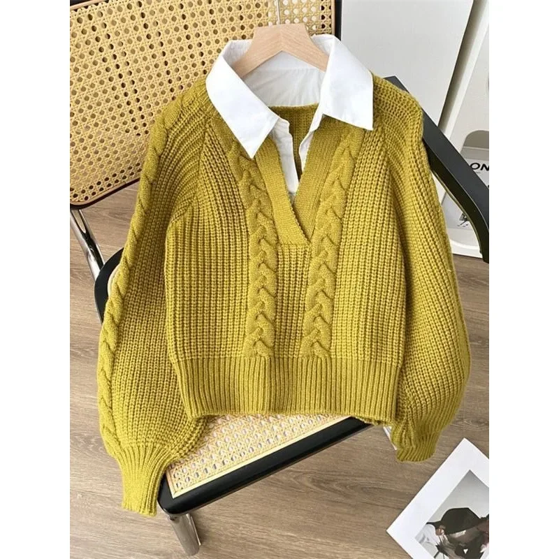 Two-Piece Illusionshirt Sweater Women's Autumn/Winter 2024 New Design Sensibility Nichelapel Loose-Fit Outer Wear Knitted Top