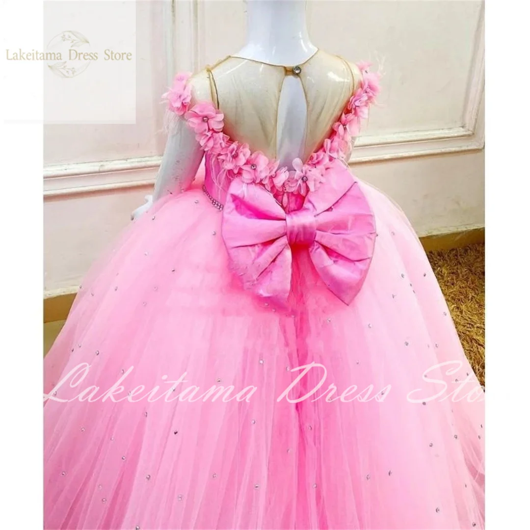 Blumenmädchenkleider für die Hochzeit, rosa Applikation, bauschiger Tüll, bodenlang, mit Schleife, Kleid für Kinder, Party, Geburtstag, Prinzessin, Ballkleid