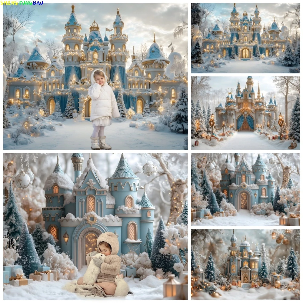 Winter-Schloss Weihnachts-Hintergrund für Fotografie, Gefrorenes Wunderland, verschneiter Wald-Kulisse, Mädchen-Geburtstagsparty-Dekoration, Foto-Requisiten