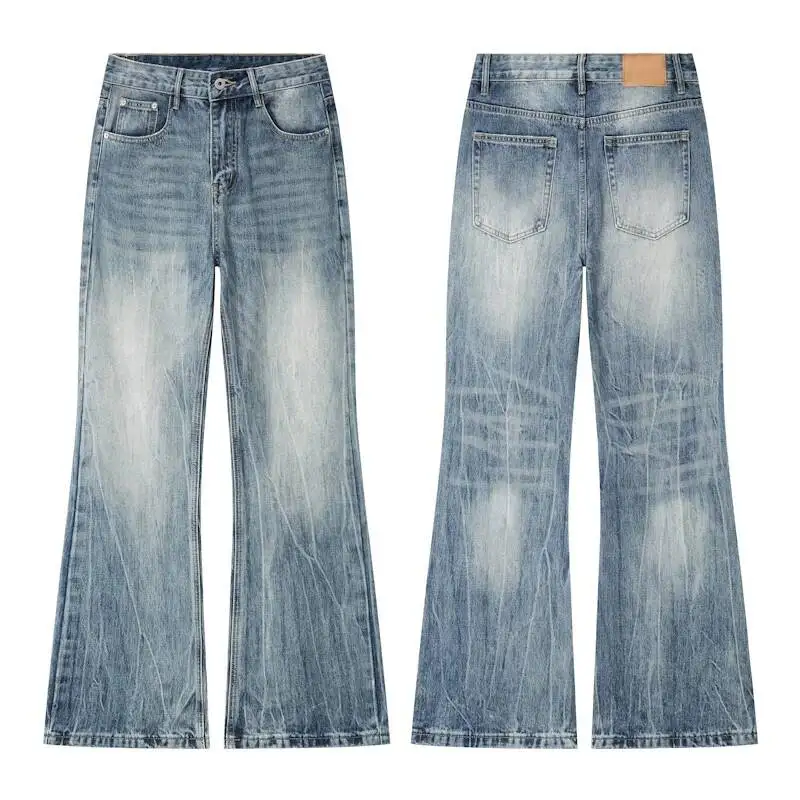 

American Retro Cleanfit Distressed Men's Light Blue Flared Jeans Trendy Slim Moustache Effect Washed Denim Long Pants