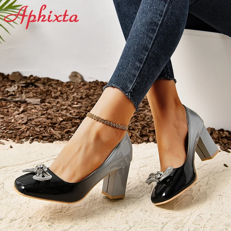 Aphixta 2024 Luxury Crystals Butterfly-knot Buckle Pumps Women Shoes Gradient Chunky Heel Square Heel Big Size 33-46