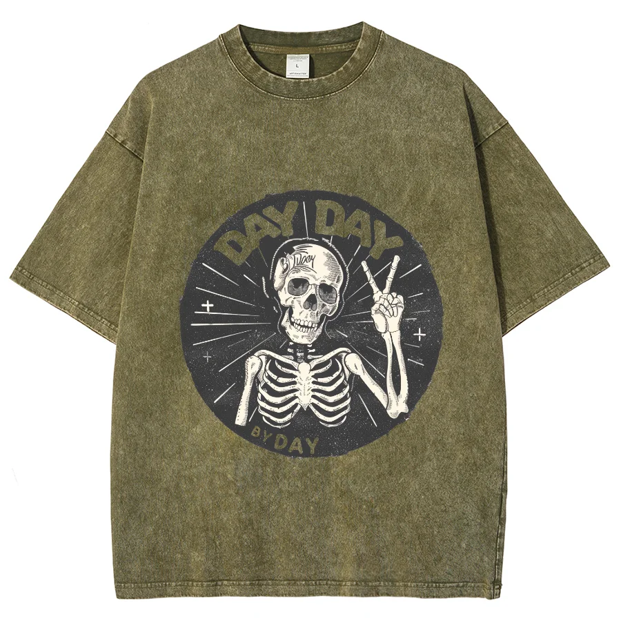 Cartoon Skull Print T-Shirt Breathable Cotton Short-Sleeved Vintage Unisex Washed Hip Hop Hoodie Loose Sportswears Autumn
