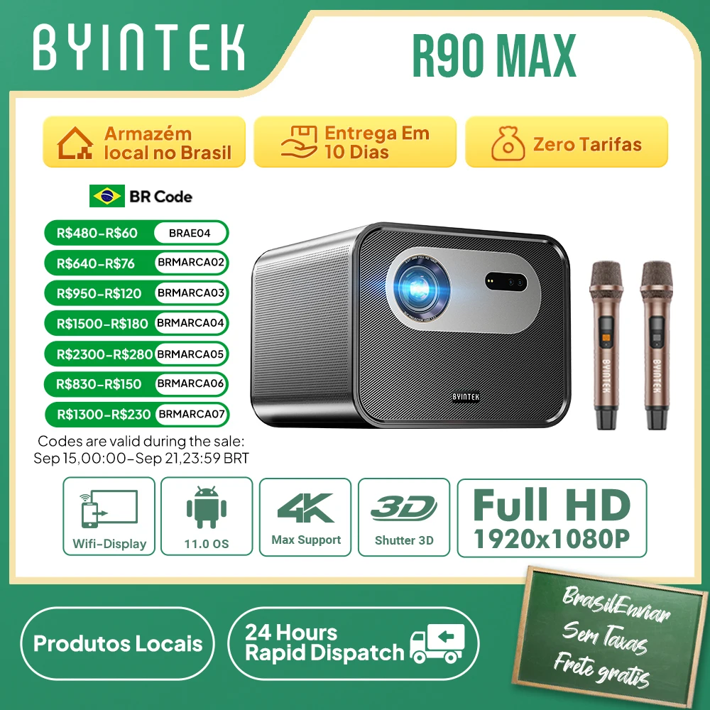 

BYINTEK R90 Max Full HD 1080P Projector 4K DLP 2200 ANSI Lumens Android TV 11.0 3D 4K Supported Smart Home Theater Projector