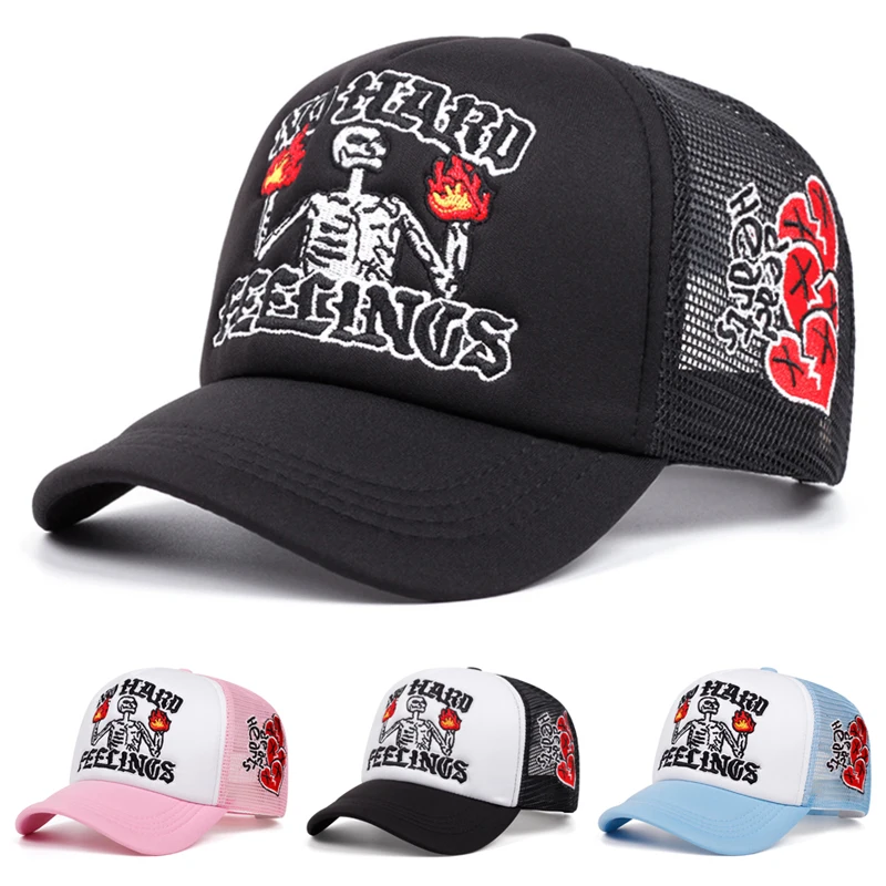 2026 New Baseball Hat Fire Skull Rose Embroidery Breathable Mesh Hat Outdoor Daily Decoration Hat Sunshade Hat Unisex HipHop Hat