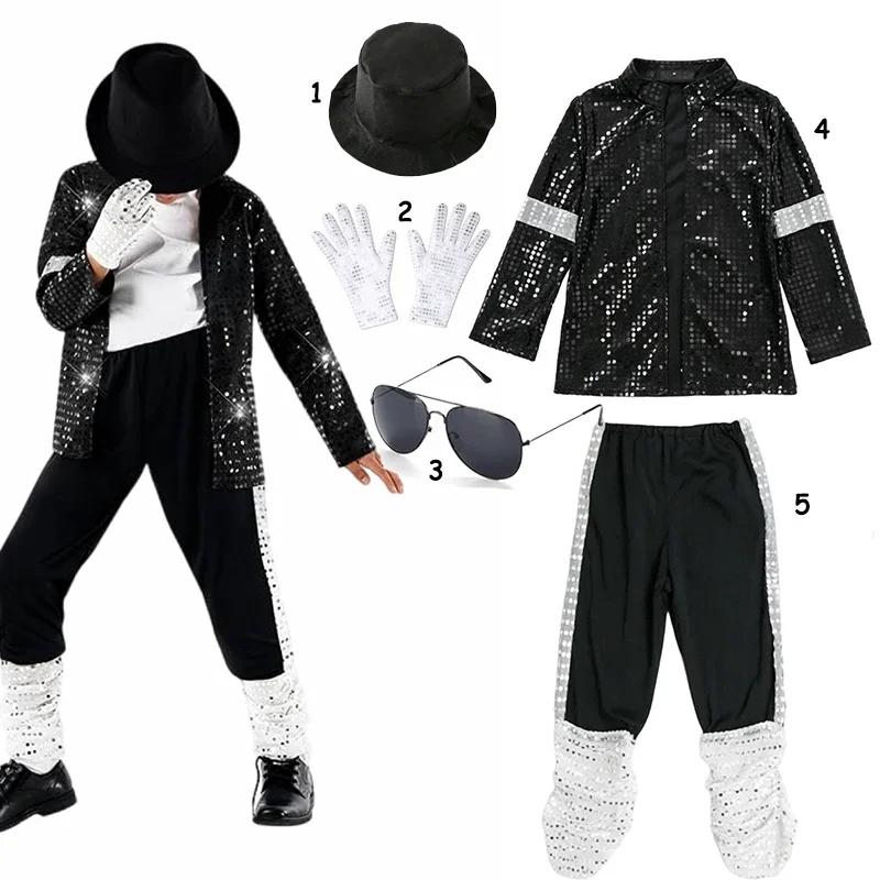 Kinder Jungen Mädchen 70er 80er Jazz-Tanzkostüm Retro Sänger Bühnenoutfit Roter Reißverschlussmantel Rote Hose Komplettes Zubehörset – Detail 3
