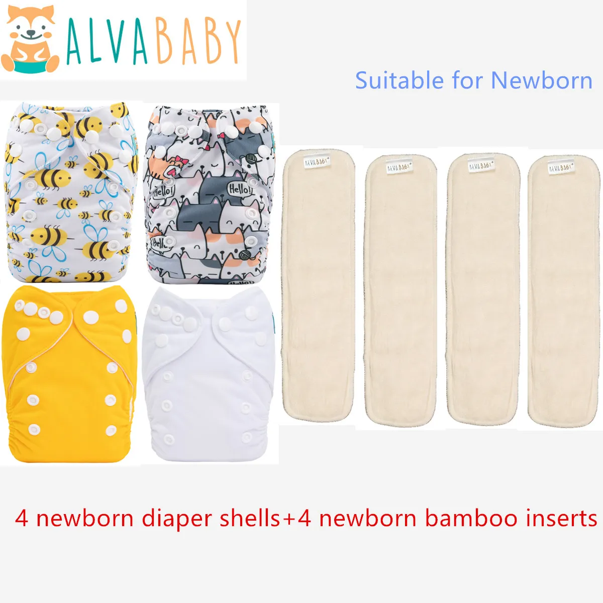 

ALVABABY 4 шт. подгузники для новорожденных с 4 бамбуковыми вставками для новорожденных, многоразовые подгузники для новорожденных до 12 фунтов