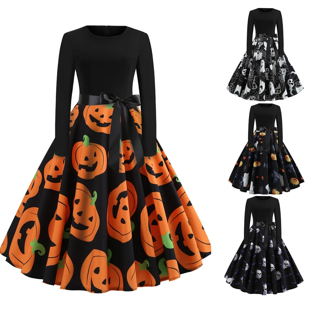 

2025 Women's Autumn and Winter Round Neck Long Sleeved Printed Skirt with Large Swing