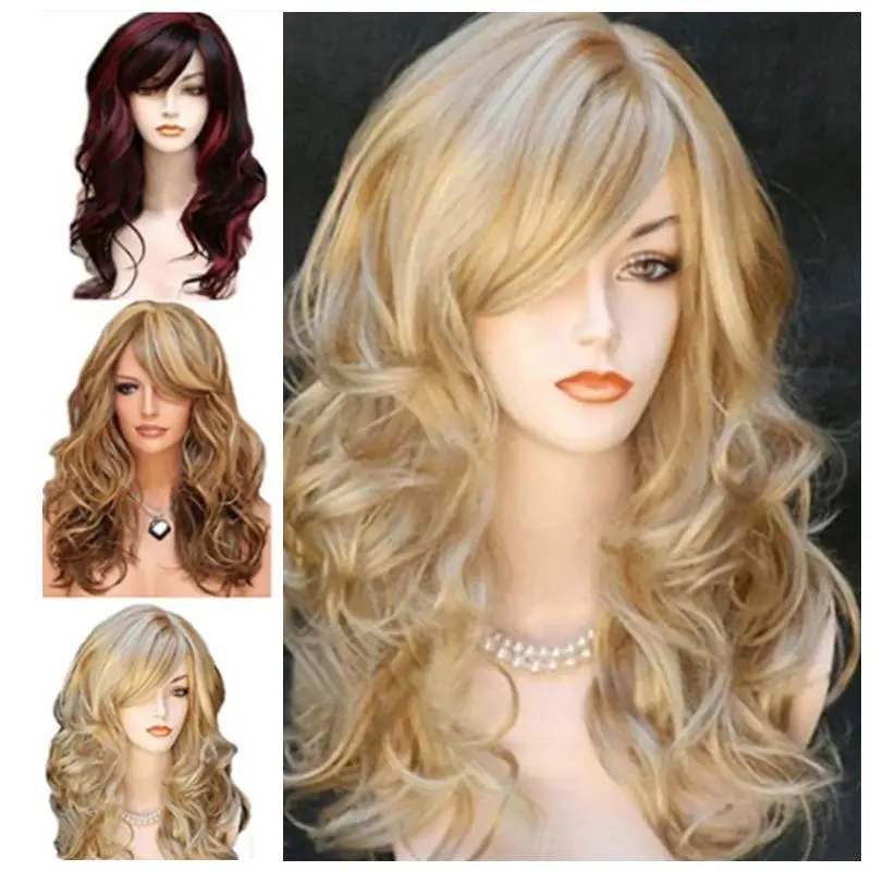 

Fashion Synthetic Long Curly Wig for Women with Side Bangs Multi-Color Heat Resistant Fiber Cosplay Party Hairpiece