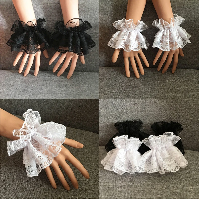 Lolita Hand Sleeve Wrist Cuffs Ruffled Floral Black Lace Elastic Bracelet Elegant Ladies Short Lace Gloves Halloween