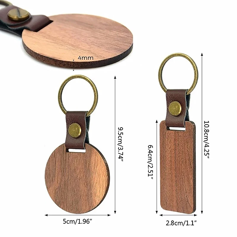 10Pcs Blank Wood Keyring Personalised Round/Rectangle Keychain Wooden Pu Leather Key Chain Jewelry For Friend