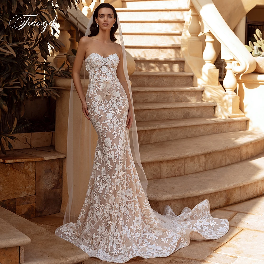 

Traugel Elegant Strapless Detachable Train Lace Mermaid Wedding Dresses Sexy Backless Appliques Flowers Trumpet Bridal Gown