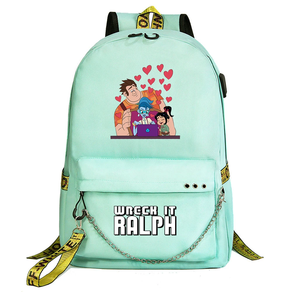 Cartoon Disney Wreck-It Ralph USB Backpack School Bag Laptop Rucksack Women Men Backbag Travel Daypack Chain Backpack Mochilas