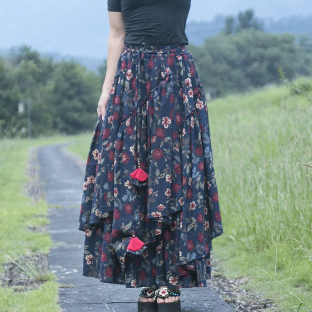 

Free Shipping Chinese Style S-2XL 2023 New Long Maxi A-line Elastic Waist Women Autumn Cotton And Linen Flower Printed Skirts