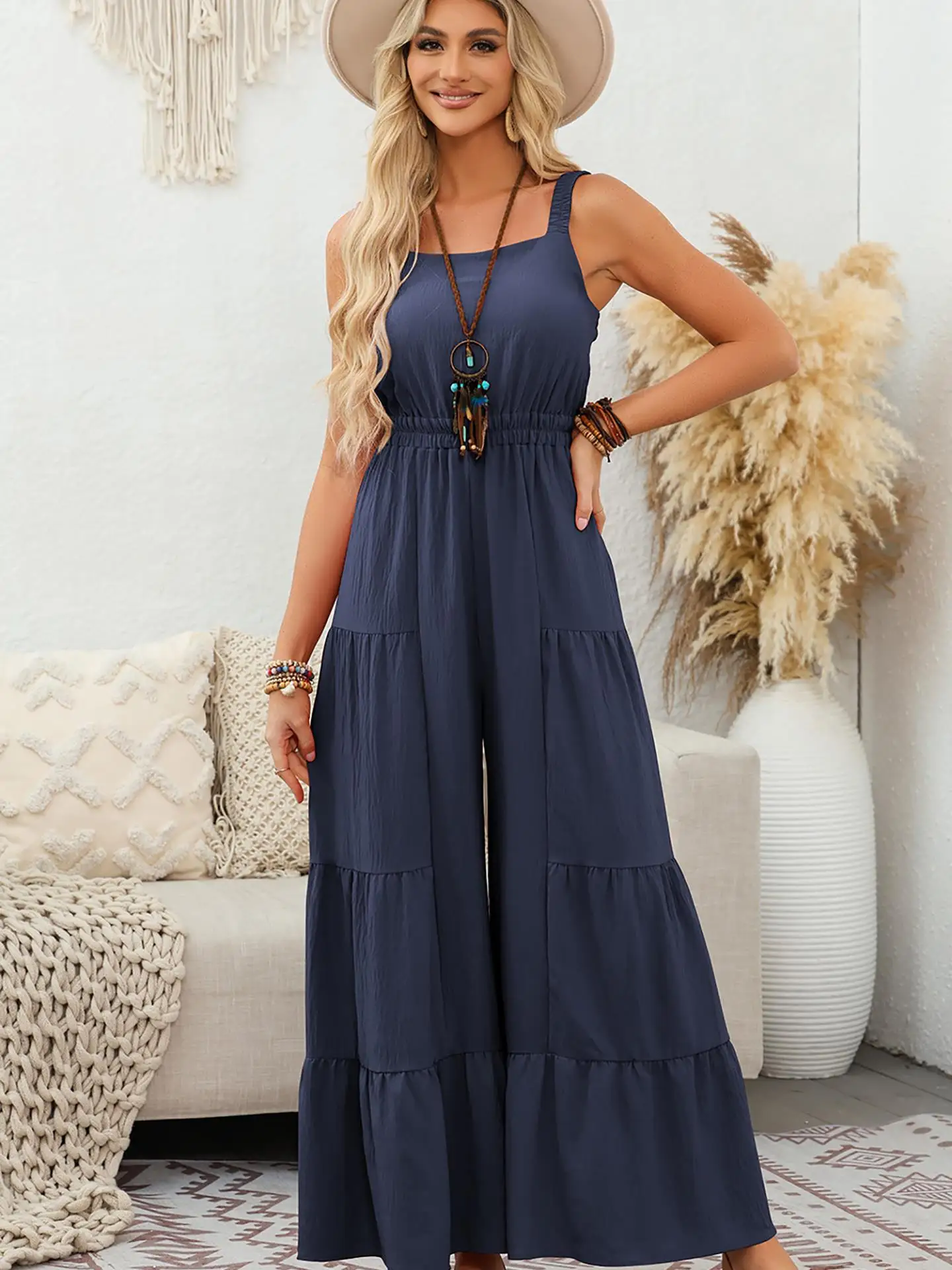 Acelitt Faion taille haute jambe large combinaison femmes Svel couleur Pure été nouveauté confortable Polyester Dr