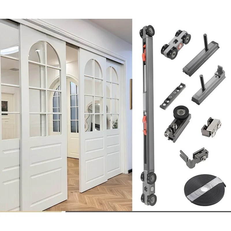 Door Double Opening Linkage Suspension Track Pulley Bidirectional Buffering Hardware Accessories Wooden Aluminum Door Sliding