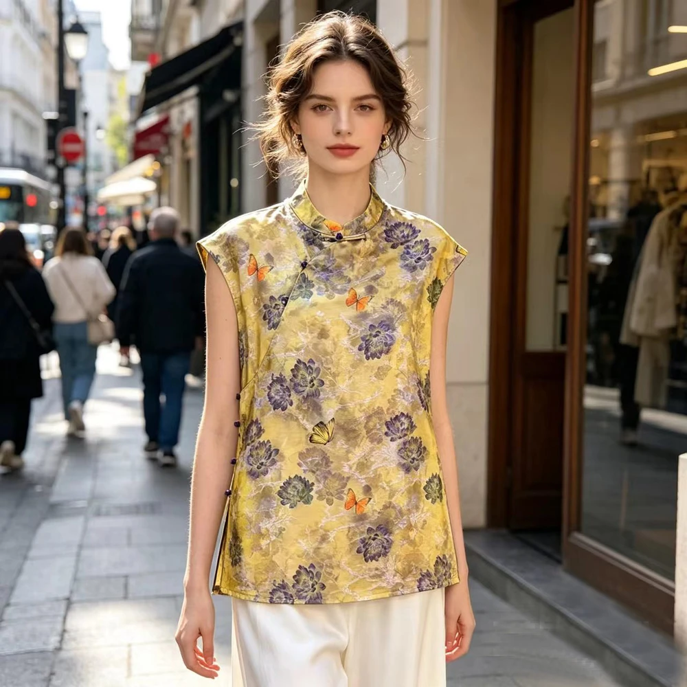 

Summer New Women Vest Outwear Chinese Style Jacquard Cheongsam Top Tradition Mandarin Collar Tang Hanfu Coat Casual Waistcoat