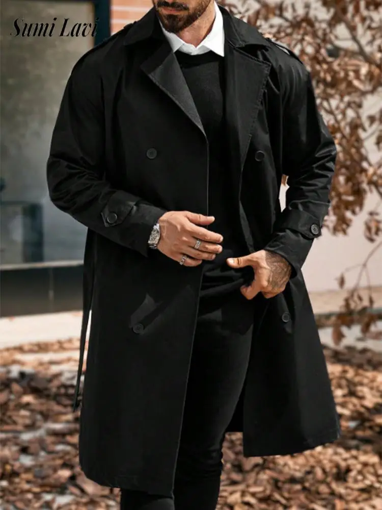 

Autumn Winter Fashion Solid Color Overcoats Men Vintage Double-breasted Lapel Trench Jacket Mens New Casual Long Jackets Coats