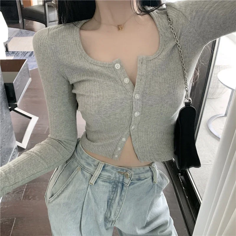 Koreaanse Stijl O-hals Korte Gebreide Truien Vrouwen Dunne Vest Mode Open Voorzijde Button Up Met Lange Mouwen Crop Top T-shirt vrouwen