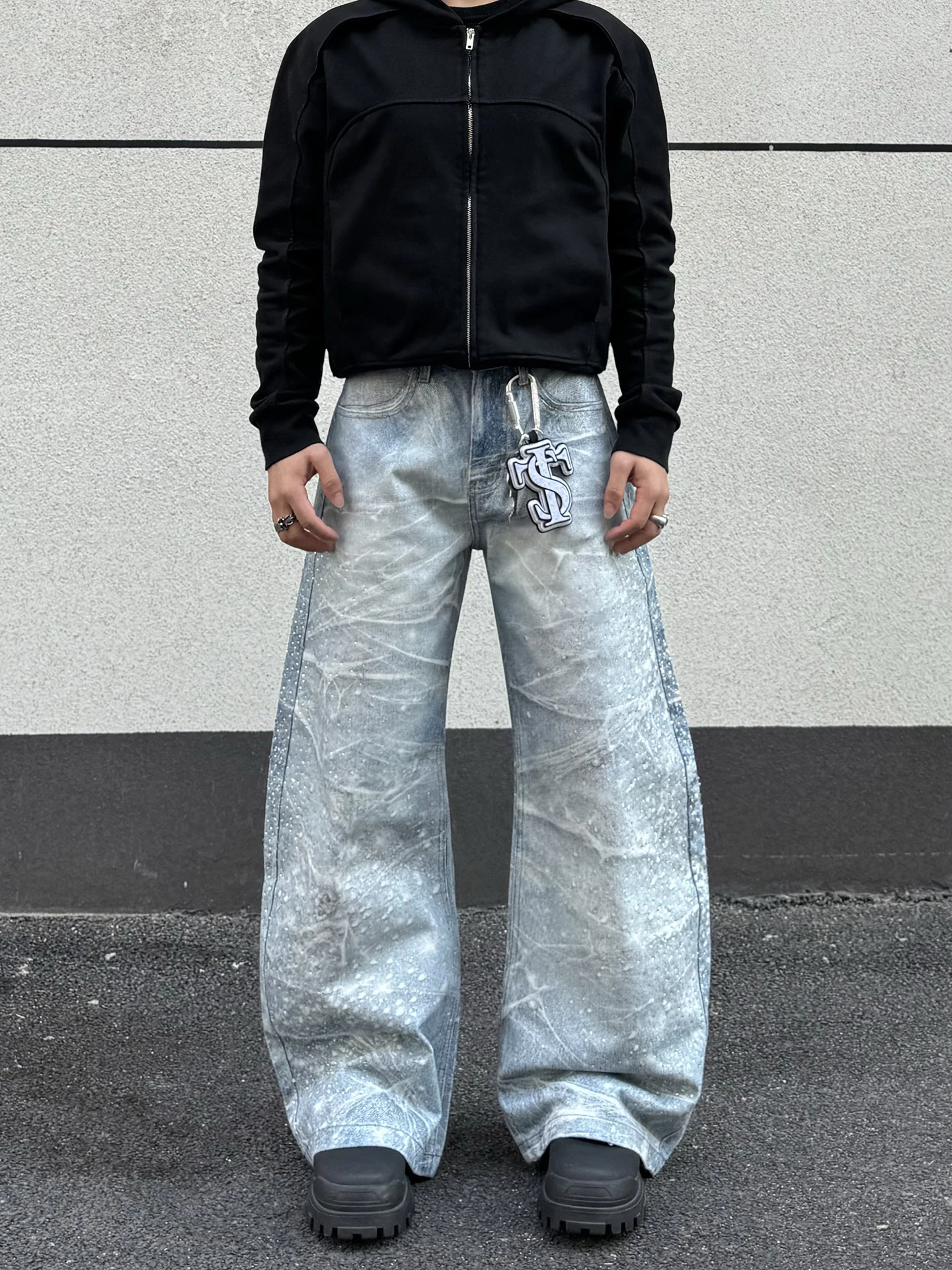 

Джинсы в американском ретро-стиле с 3D-печатью, стразами, свободного кроя, широкие штанины, повседневные, из хлопка