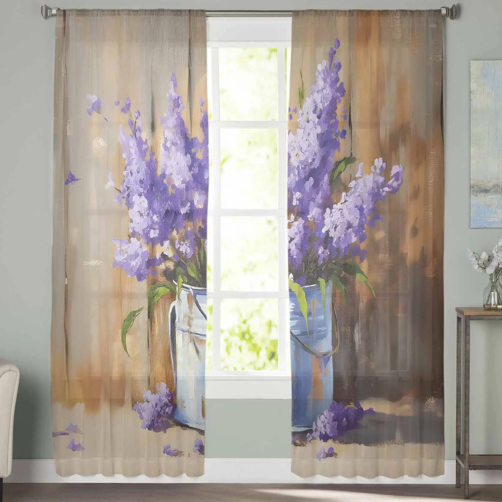 Oil Painting Purple Lavender Iron Bucket Tulle Curtains For Bedroom Home Decor Living Room Kitchen Voile Curtains For Blind