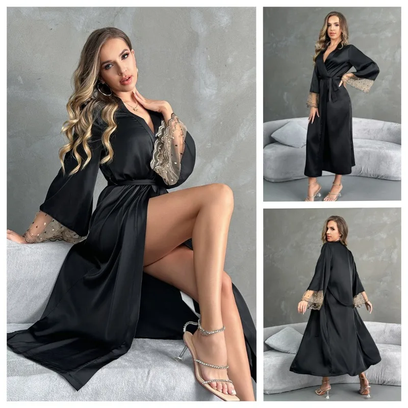 

Premium Silk Satin Long Cardigan Nightgown with Lace Splicing for Women Long Sleeved Black Lace Patchwork Sexy Robe