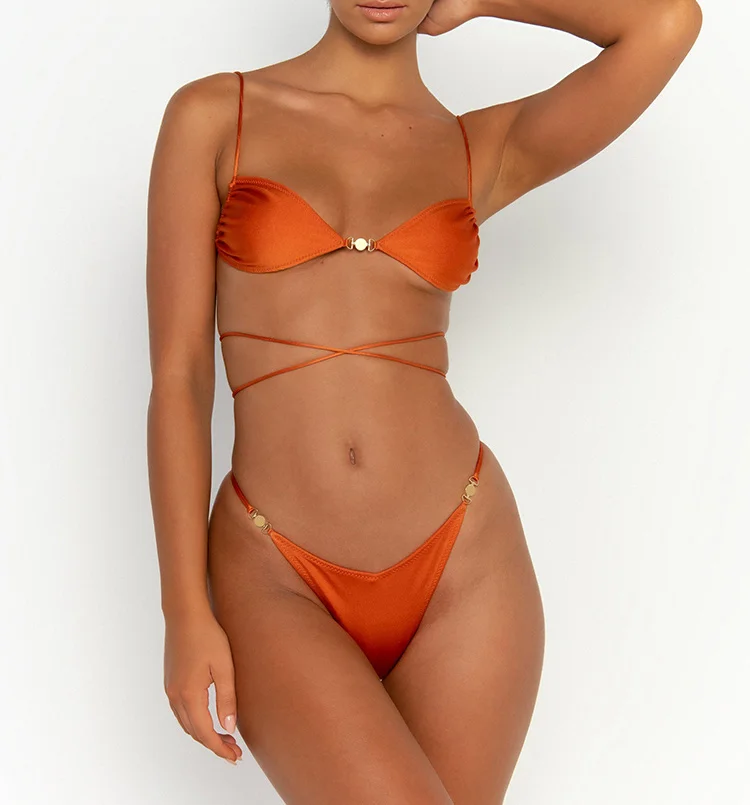 Women\'S Swimsuit Sexy Swimwear Solid Bikini With Ties 2024 Thongs Bathing Suits Solid Color Beachwear Summer Brazilian Biquini