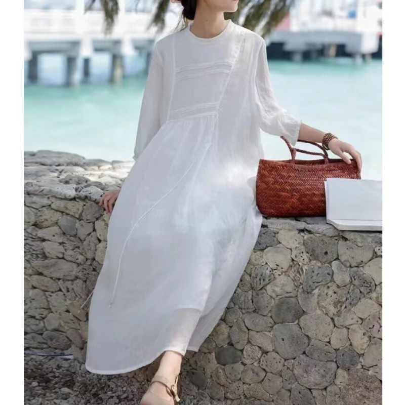 

Mid Length Dress Women Long Maxi Dresses A Line Vestidos White Round Neck Full Sleeve Solid Elegant Splice Y2k Streetwear 2025