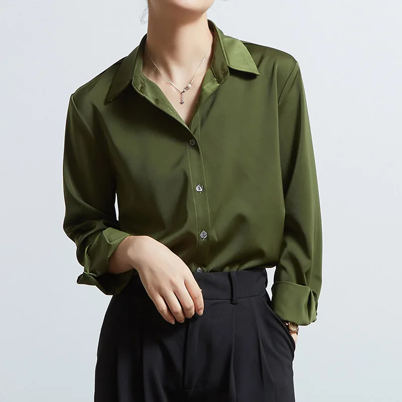 Spring Autumn Elegant Satin Women's Blouses 2025 New Long Sleeve Single Breasted Office Lady Loose Shirts Tops Female
