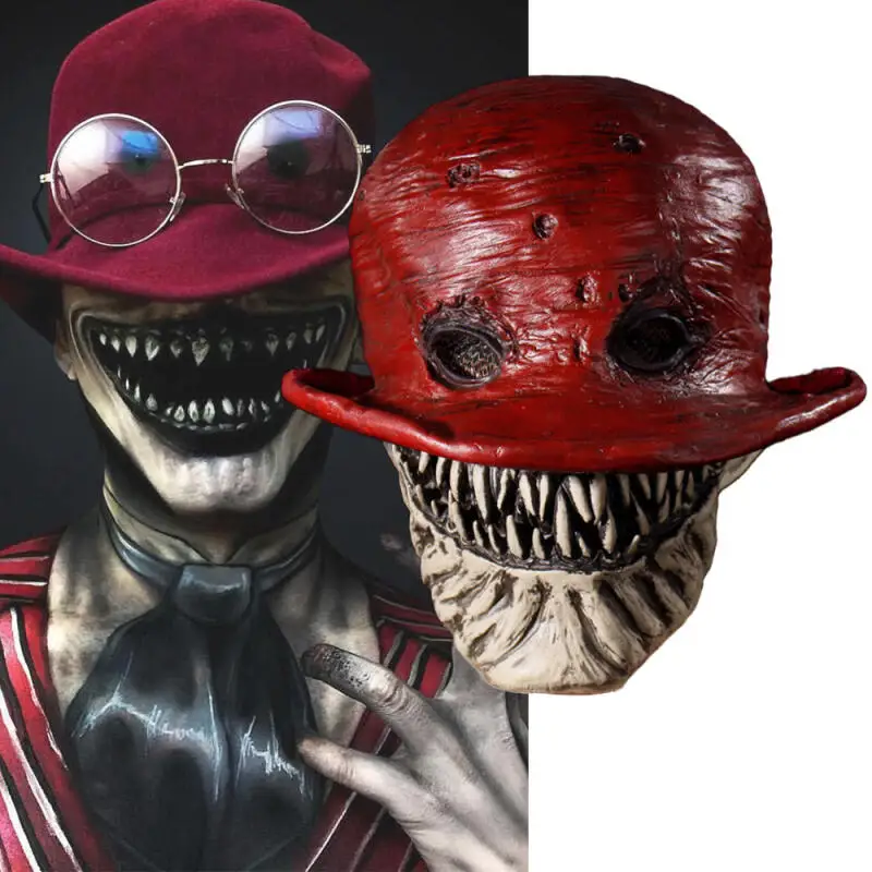 Halloween Horror Mask Red Hat Creepy Smile Sharp Teeth Scary Latex Mask Cosplay Costume Party Masquerade Carnival Dress Props