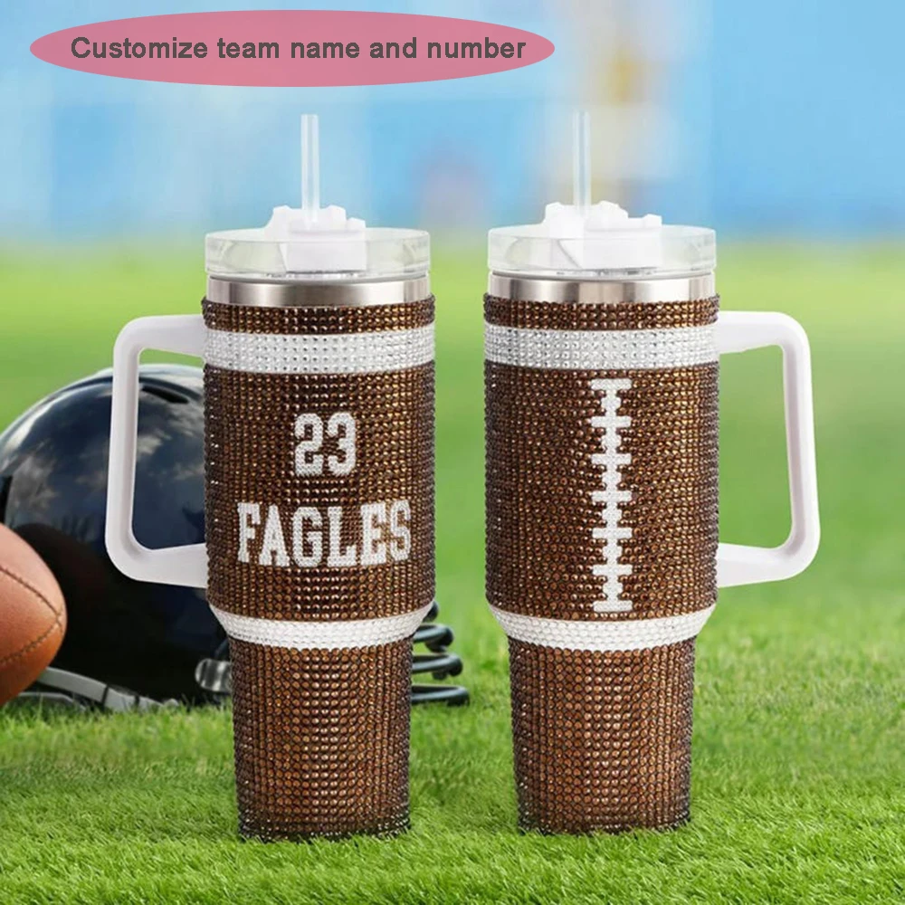 Vaso de pelota deportiva con número de nombre personalizado, taza brillante de 40oz con asa y pajita, regalo para fanáticos y jugadores de los deportes del día del juego