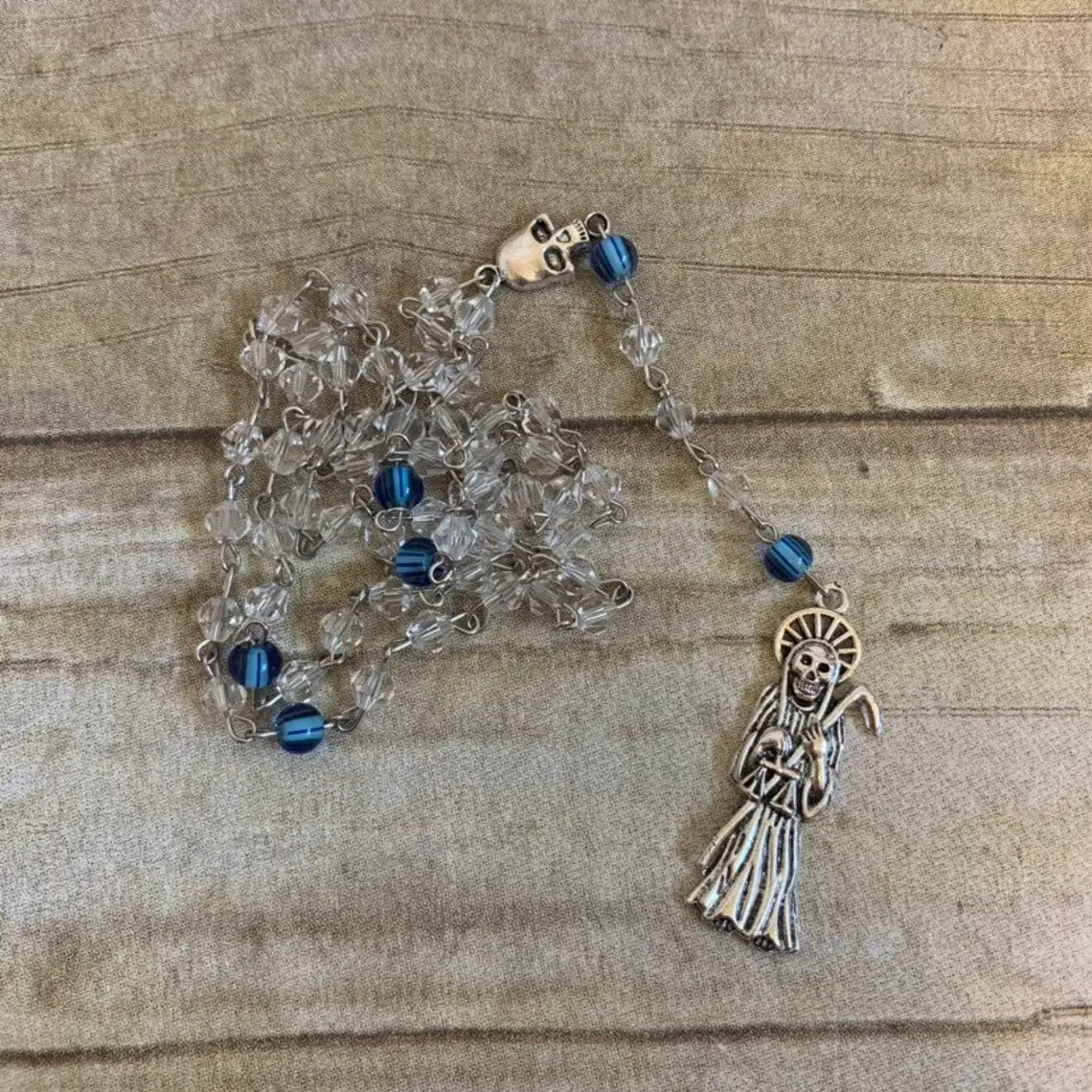 Clear and blue santa muerte rosary, santisima muerte rosary, nuestra senora de la santa muerte, holy death rosary, sacred death