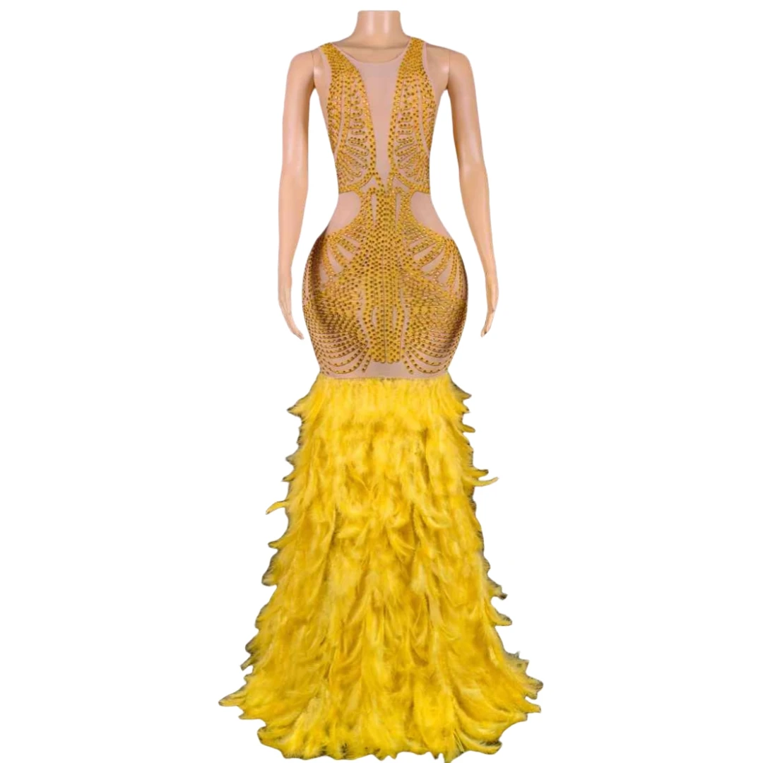 Sleeveless Gold Rhinestone Feather Luxury Queen Dress For Women Birthday Party Prom Photo Shoot Props Stage Wear Singer Night