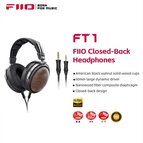 FiiO FT1-Nueva versión auriculares Hi-Fi con cable de diafragma compuesto de fibra cerrada, orejeras de nogal americano para estudio