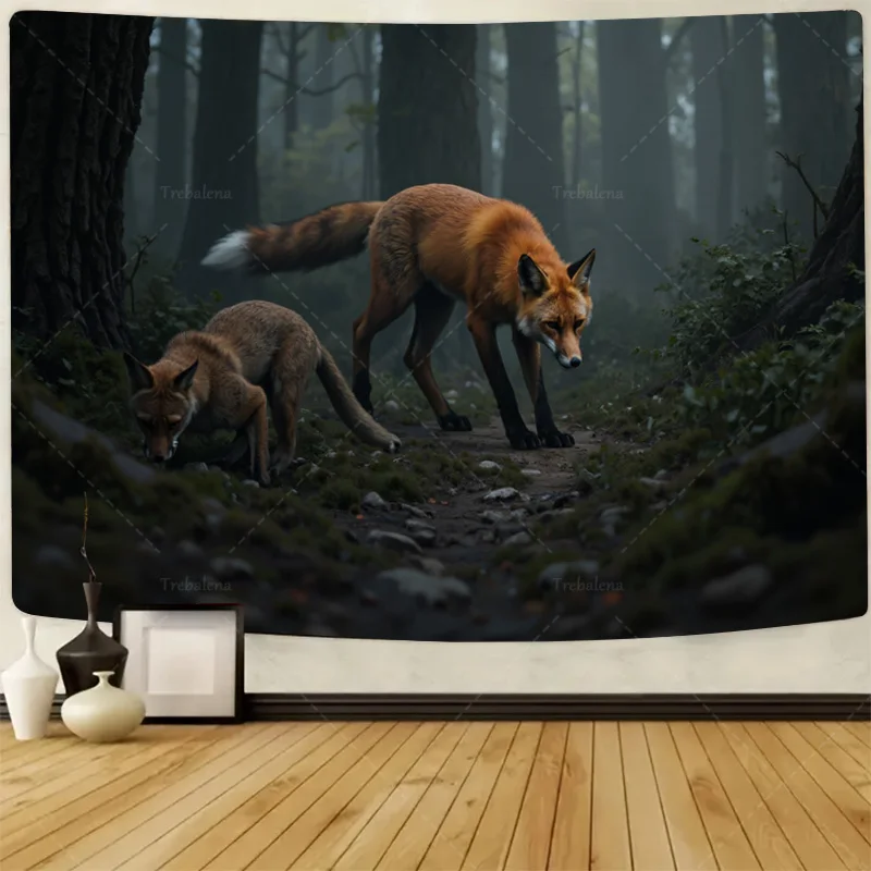 

1pc Wall Tapestry "Forest Foxes Tapestry - Nature Wildlife Scene Wall Hanging Art"