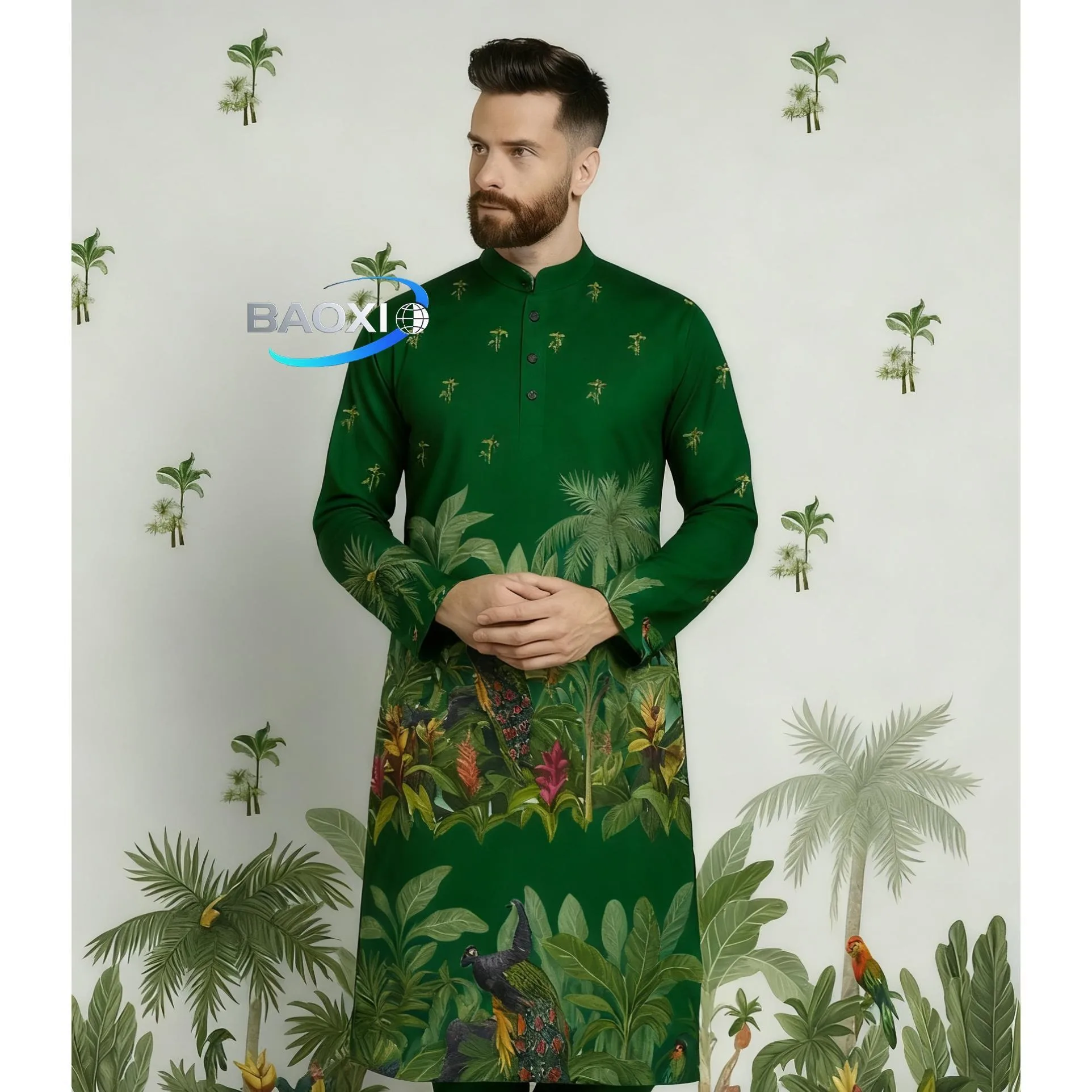 عباية عربية إسلامية للرجال رداء عرقي مطبوع بياقة واقفة قميص شبابي متوسط الطول معطف فاخر غير رسمي المغرب Tenue Arabe Homme #6