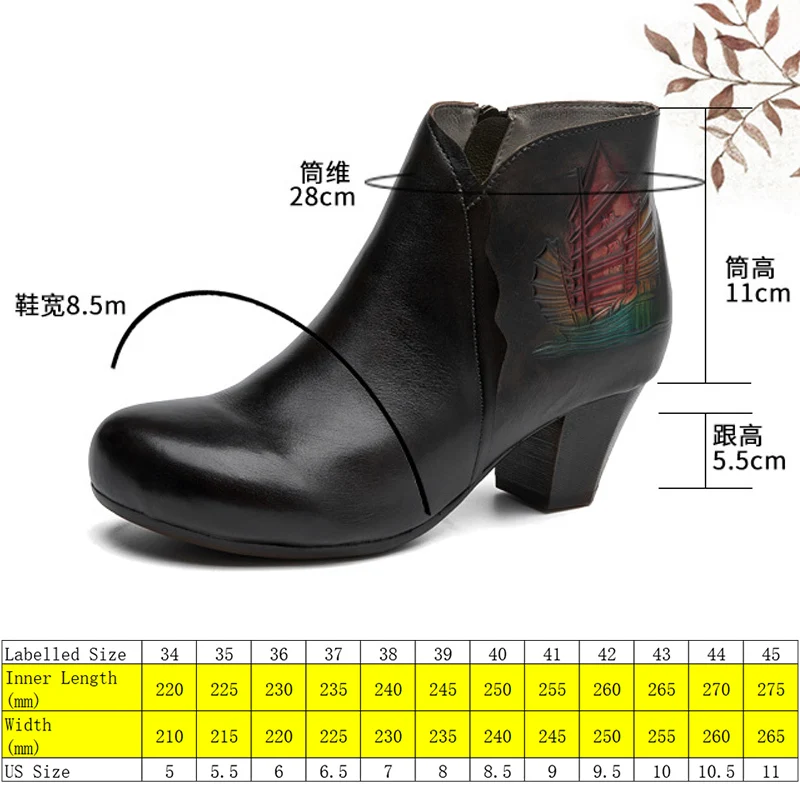 Koznoy 5.5cm Cow Genuine Leather Ethnic Pumps Spring Autumn Embossed Fashion Rubber Chunky Heels Women Ankle Booties ZIP Shoes