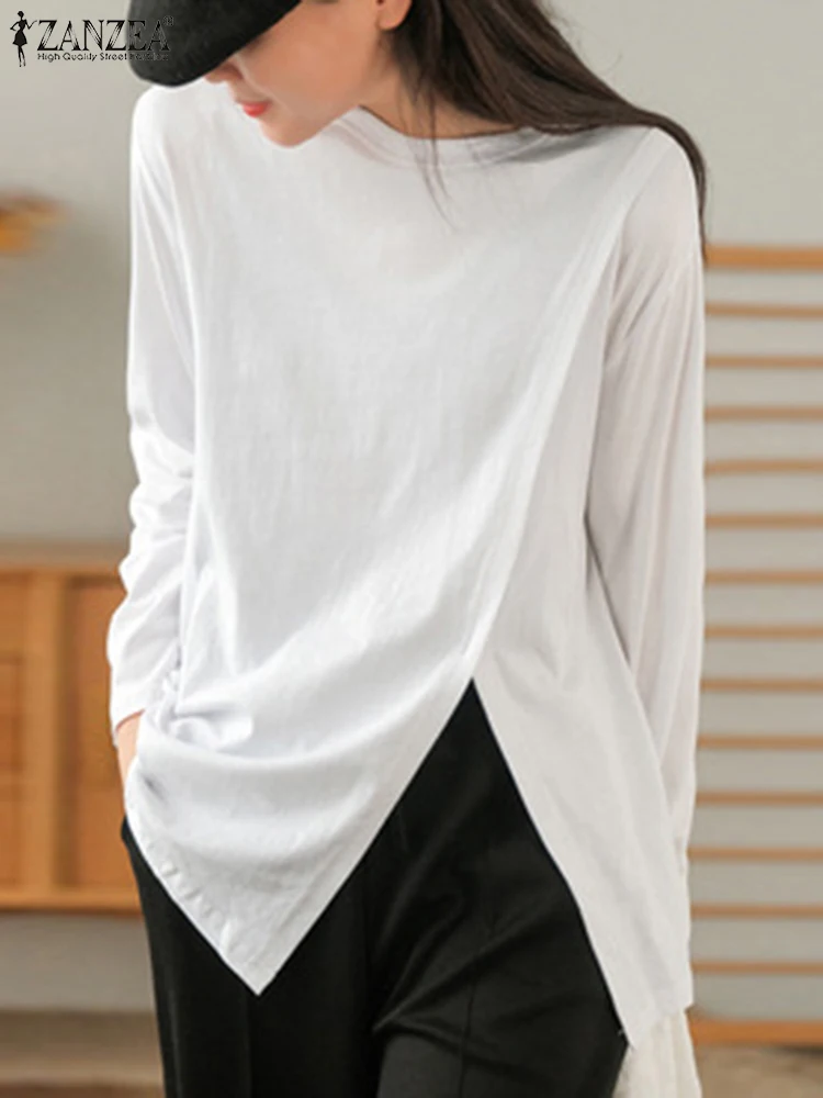 ZANZEA Women Korean Fashion Long Sleeve Blouses Stylish Slit Hem Blusas Mujer Casual Loose O Neck Solid Color T-Shirts Feminina