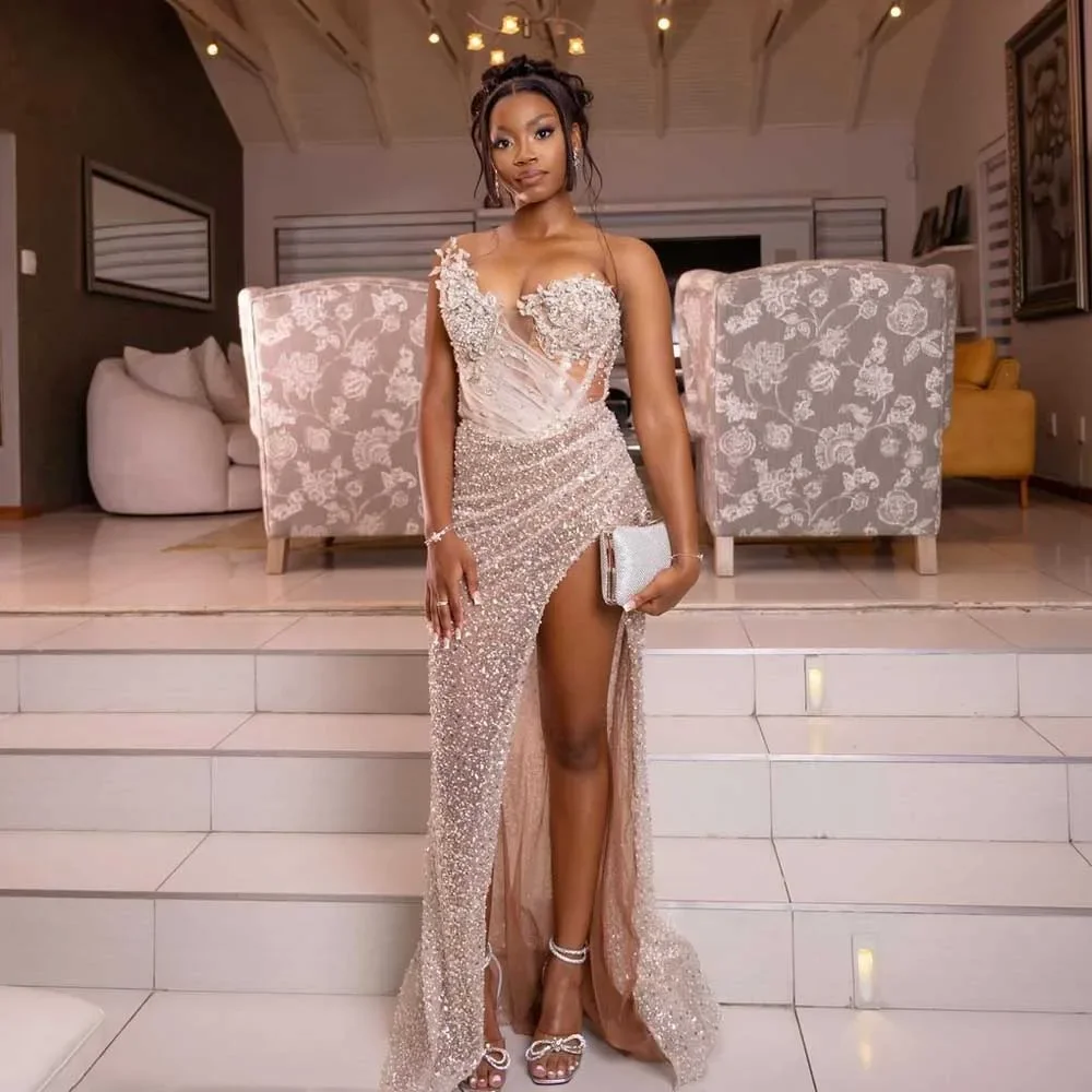 

Luxury Beading Mermaid Prom Gowns 3D Appliques Aso Ebi Style Formal Evening Dress Sexy Side Slit African Wedding Party Dresses