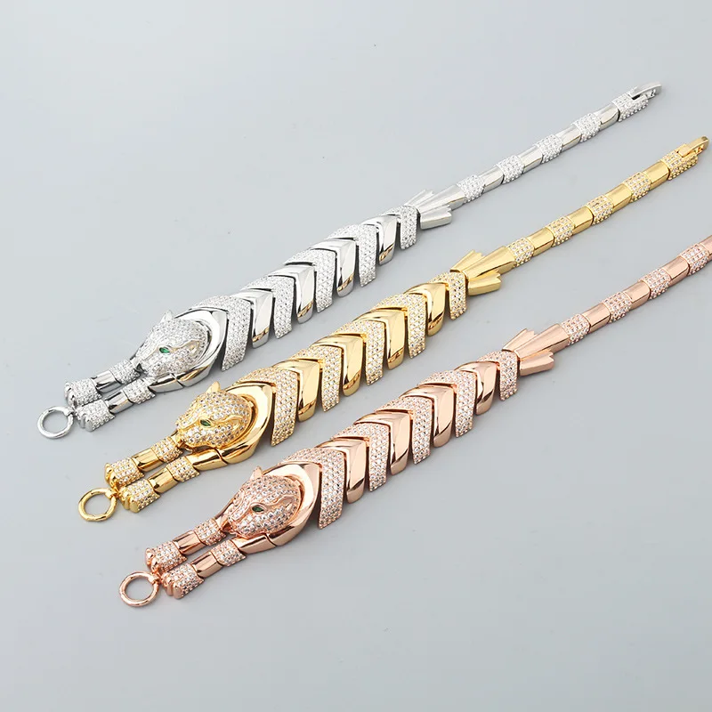 

Designer Collection Hip Hop Bracelet Women Lady Inlaid Cubic Zircon Green Eyes Leopard Panther Cuba Chain Plated Gold Color